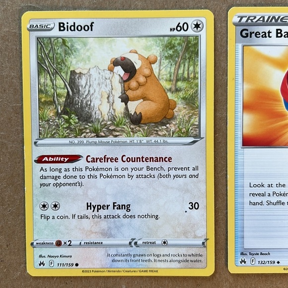 EUC Three Pokemon trading cards Bidoof basic and Great ball and Spark - Picture 2 of 5